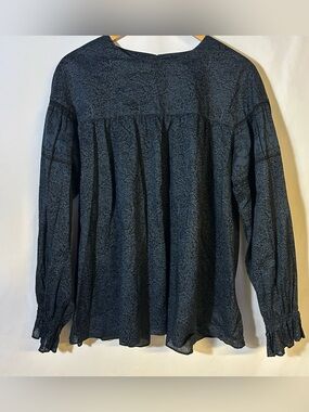 Anna Sui Black Blue Printed Long-Sleeve Peasant Blouse size XL lightweight